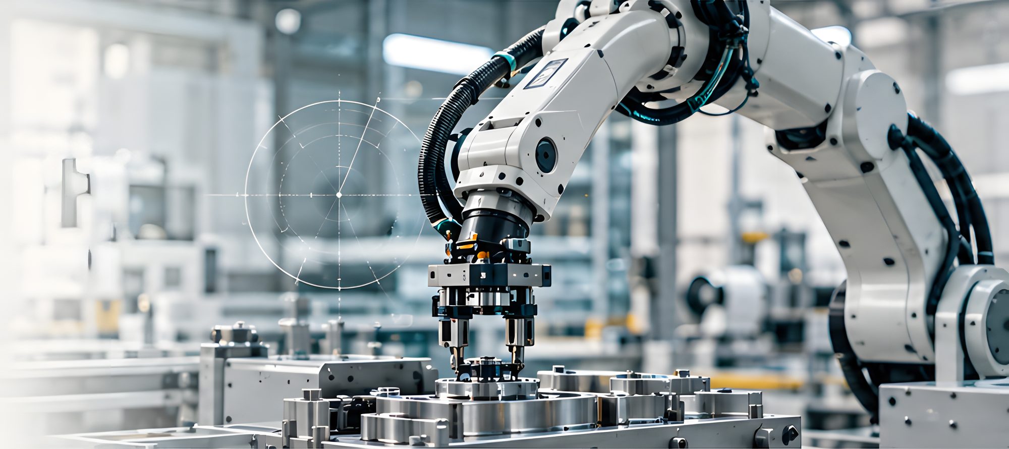 Industrial robot arm working in a manufacturing cell